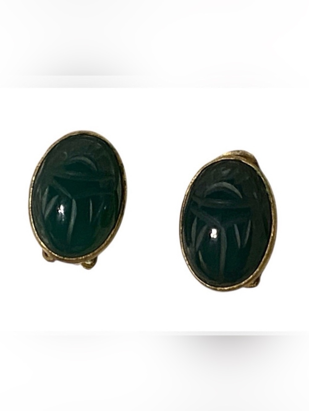 Vintage Carved Scarab Green Cabochon Gold Filled Clip on Earrings #6630